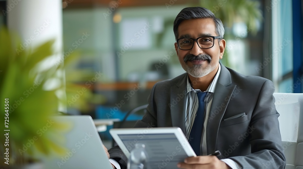 Generative AI : Smiling mid aged business man ceo wearing blue suit sitting in office using cell phone solutions. Generative AI : Smiling mid aged business man ceo wearing blue suit sitting in office using cell phone solutions.