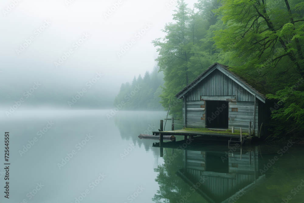 Fototapeta premium an old wooden cabin on a calm foggy lake