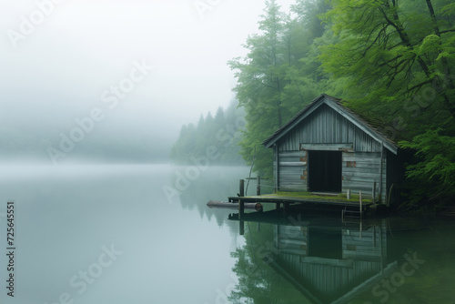 an old wooden cabin on a calm foggy lake