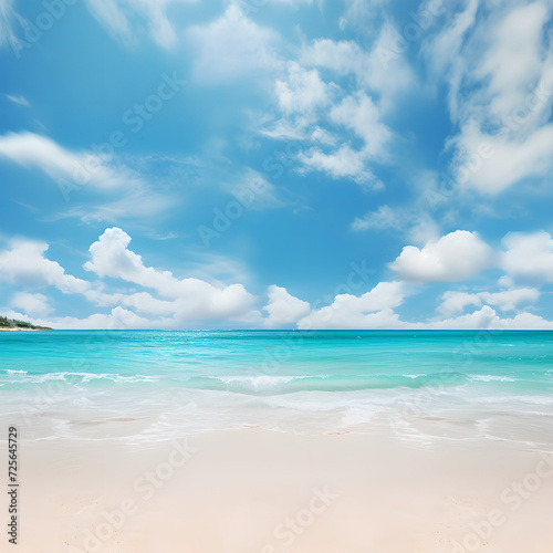 seascape with a wide , showcasing the beautiful expanse of the sky meeting the sea With white clouds in the sky and yellow beach sand , tropical beach panorama 