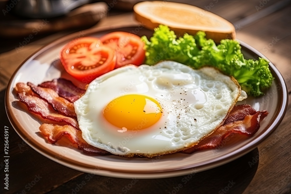 The breakfast table is adorned with a tempting ensemble: a fried egg, crispy bacon, and sliced tomatoes,a savory morning delight. The breakfast table is adorned with a tempting ensemble: a fried egg, crispy bacon, and sliced tomatoes,a savory morning delight.