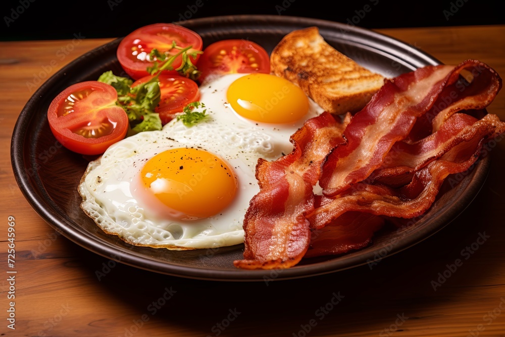 The breakfast table is adorned with a tempting ensemble: a fried egg, crispy bacon, and sliced tomatoes,a savory morning delight. The breakfast table is adorned with a tempting ensemble: a fried egg, crispy bacon, and sliced tomatoes,a savory morning delight.