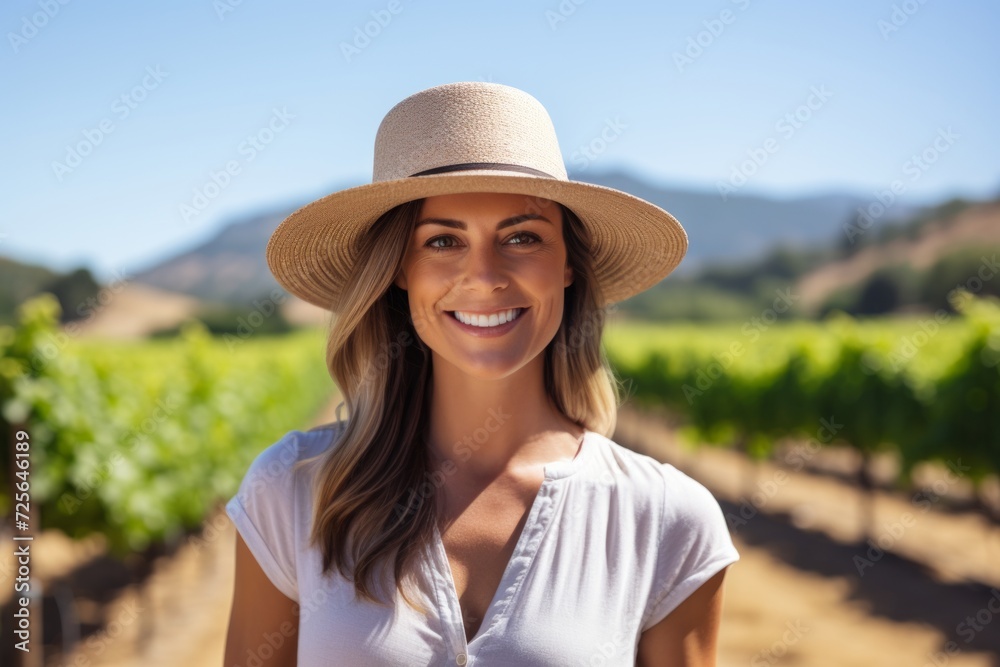 Portrait of a beautiful young woman in hat standing in vineyard