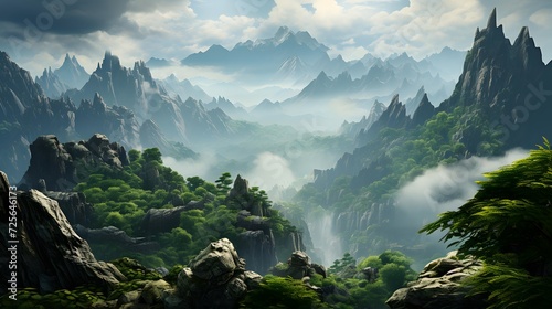 Panoramic view of the mountains in clouds. Panoramic landscape.