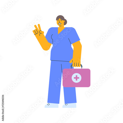 Nurse shows two fingers gesture and holding suitcase