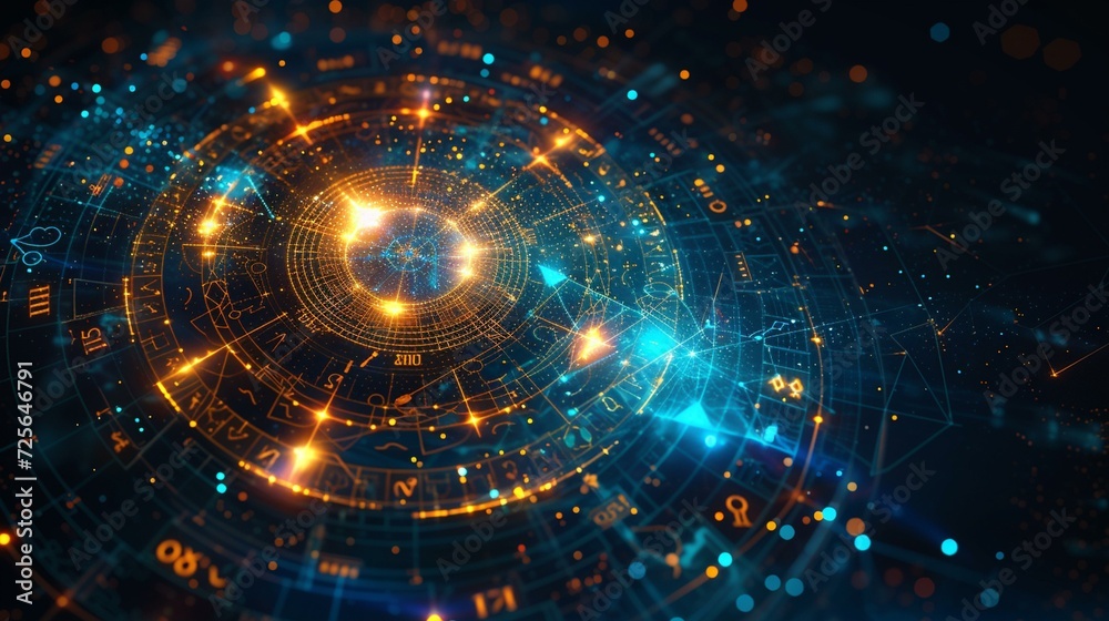 Blending cosmic elements and abstract shapes to create a celestial masterpiece that represents the interconnectedness of the zodiac signs. ,[horoscope circle with the signs of the Blending cosmic elements and abstract shapes to create a celestial masterpiece that represents the interconnectedness of the zodiac signs. ,[horoscope circle with the signs of the