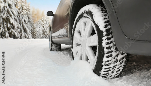 Car with winter tires covered with snow, closeup