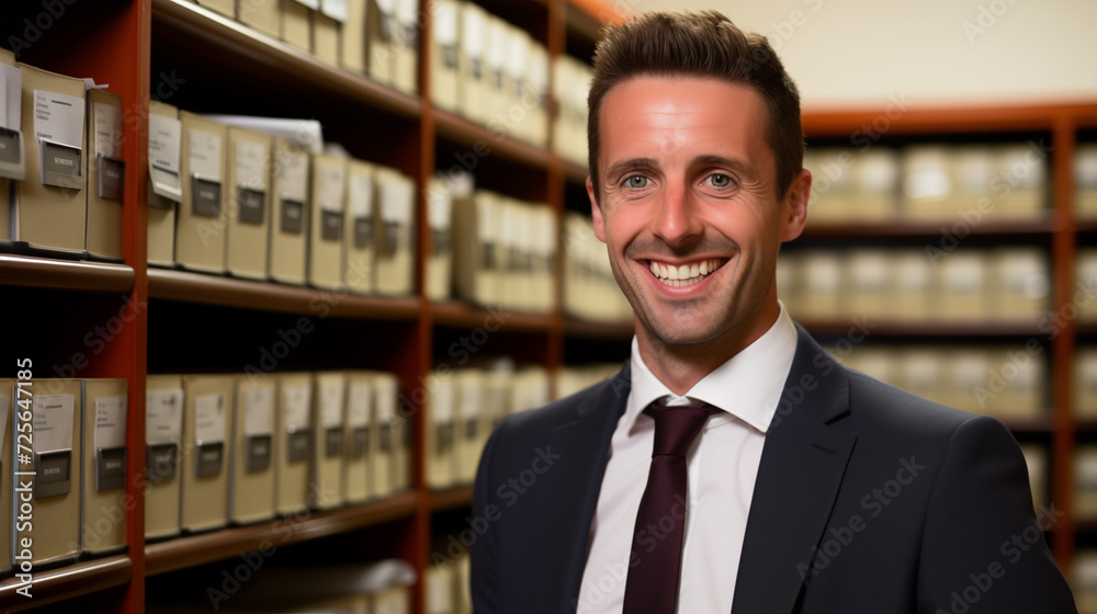 Male accountant in filing room looking for documents Male accountant in filing room looking for documents