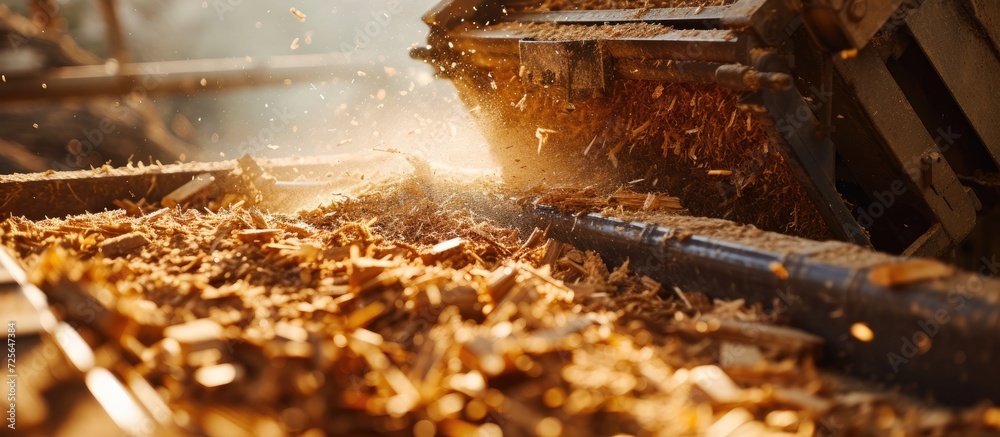 A machine with an arm shreds tree trunks into sawdust, used in the timber industry.