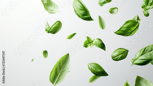 Generative AI : Green basil leaves flying on white background. Fresh levitating leaves isolate