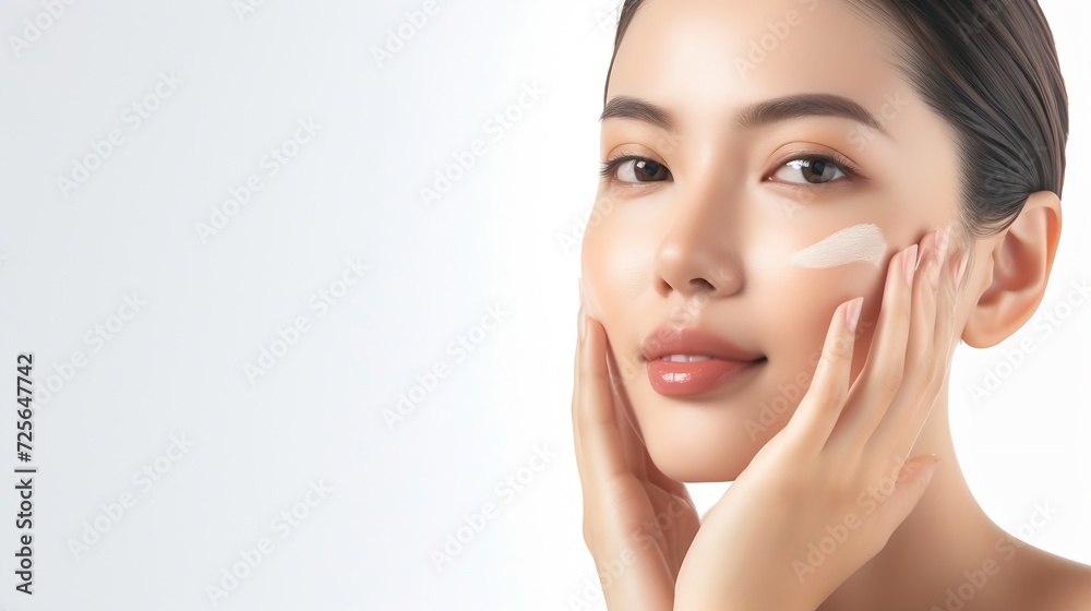 Generative AI : Beautiful Young asian Woman touching her clean face with fresh Healthy Skin, isolated on white background, Beauty Cosmetics and Facial treatment Concept, Generative AI : Beautiful Young asian Woman touching her clean face with fresh Healthy Skin, isolated on white background, Beauty Cosmetics and Facial treatment Concept,
