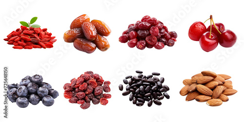 Set of dried berries and grains on a transparent background.