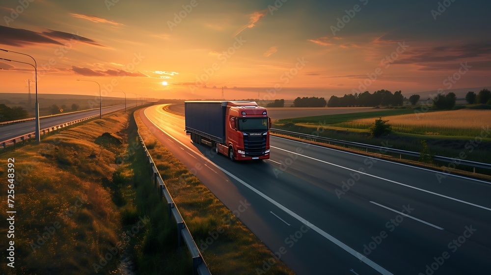 Generative AI : Truck transportation on the road at sunset