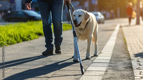 Generative AI : Blind senior man with guide dog crossing road in city photo