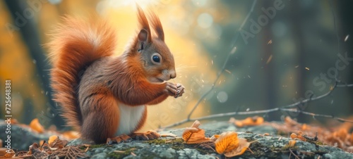 Wildlife animal photography background - Sweet crazy red squirrel (sciurus vulgaris) in the forest or park in autumn © Corri Seizinger