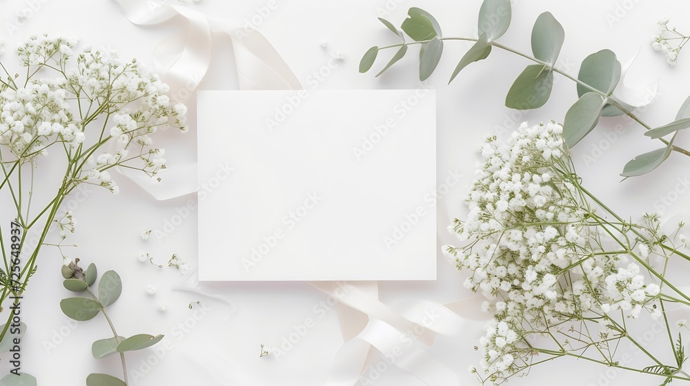 Obraz na płótnie Generative AI : Styled stock photo. Feminine wedding desktop stationery mockup with blank greeting card w salonie