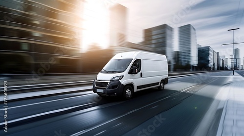 Generative AI : Peugeot Boxer truck van vehicle in motion on city road. Fast moving car on urban street photo