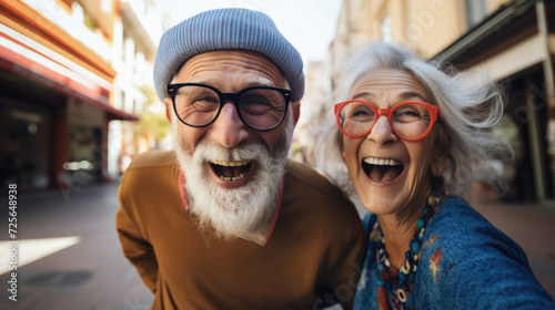 Portrait of senior couple laughing while walking in the city. Senior couple having fun outdoors .