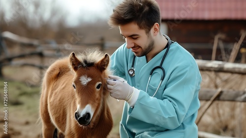 Generative AI : Young attractive male veterinarian giving injection to a small adorable pony horse