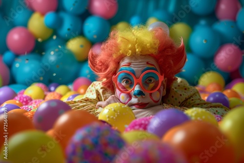 Sad clown in a colored ball pit surrounded by balloon decorations