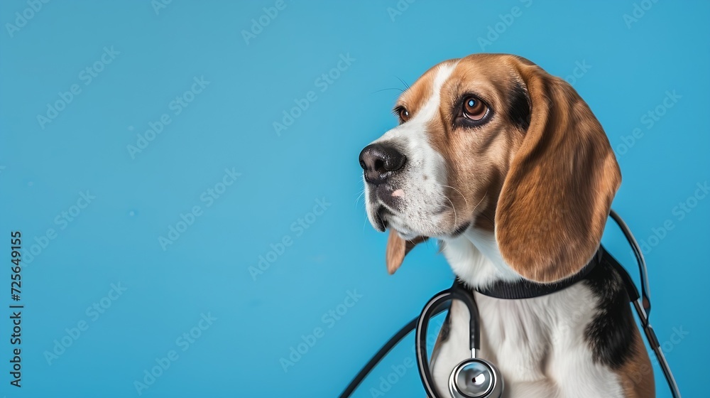 Generative AI : beagle dog with stethoscope as veterinarian on blue background in studio With copy space.