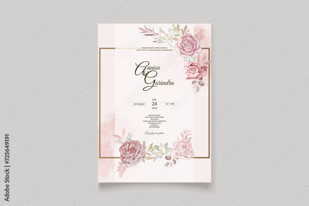 wedding invitation template set with dusty brown floral frame watercolor background Premium Vector	
