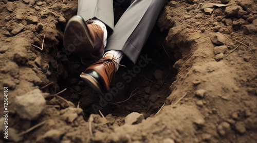 In a symbolic image, a man in a suit sits with feet in a dirt hole—visualizing the weight of life's challenges, a profound representation of feeling bogged down