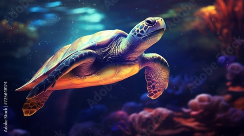 Serene movement of a majestic turtle surrounded by a vibrant and captivating underwater world, banner