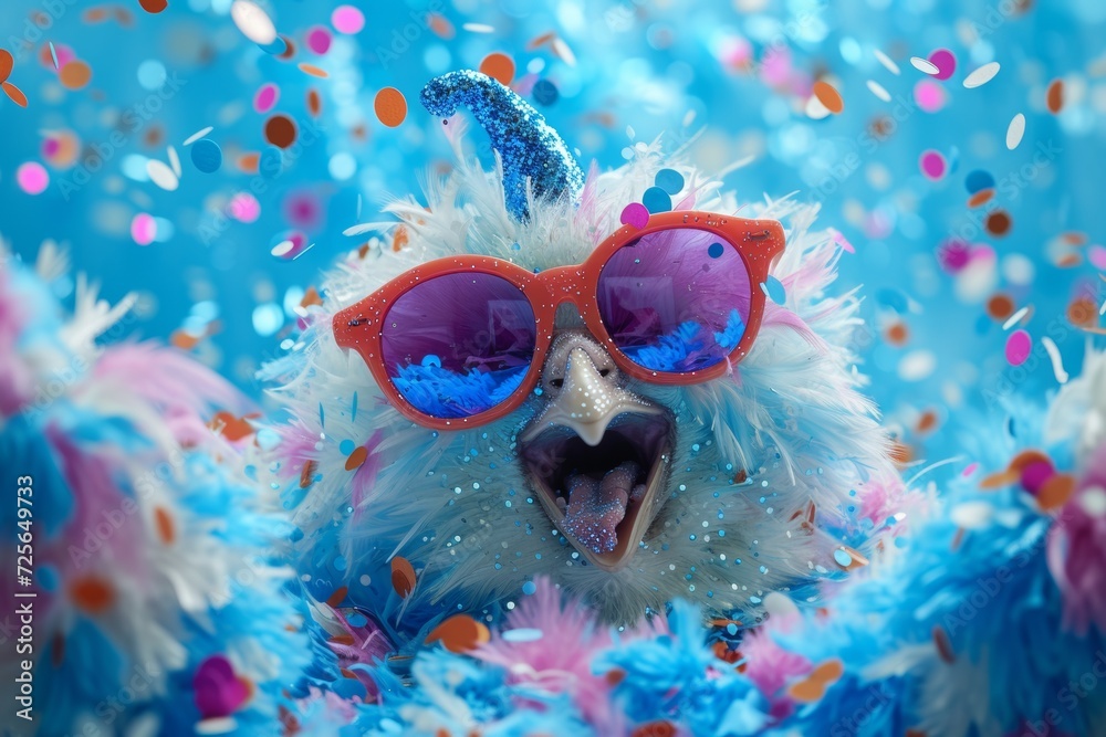  rooster wearing cat eye sunglasses, staring at camera confetti on a blue