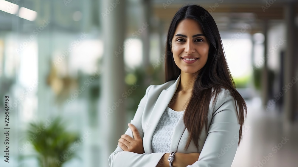 Generative AI : Indian successful confident Arabian businesswoman worker lady boss female leader girl business woman posing crossed hands looking at camera in office Generative AI : Indian successful confident Arabian businesswoman worker lady boss female leader girl business woman posing crossed hands looking at camera in office