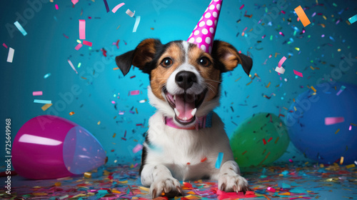 Funny dog with birthday hat and colorful confetti on blue background