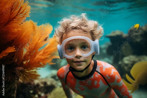 Funny little boy in diving mask and coral reef. Underwater world. © Nerea