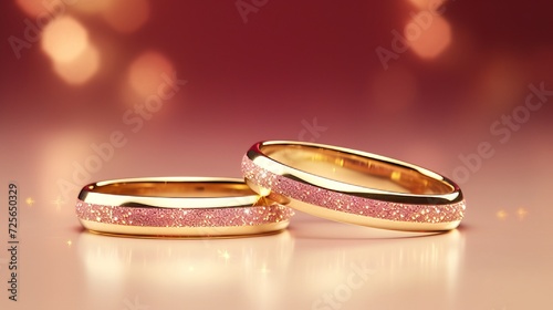 Two red gold wedding rings on soft pink bokeh background, elegant and timelessly romantic, banner photo