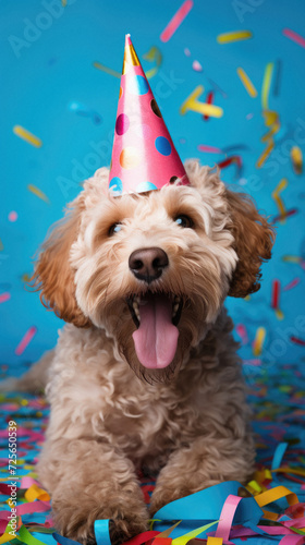 Cute dog with birthday hat and confetti on blue background .