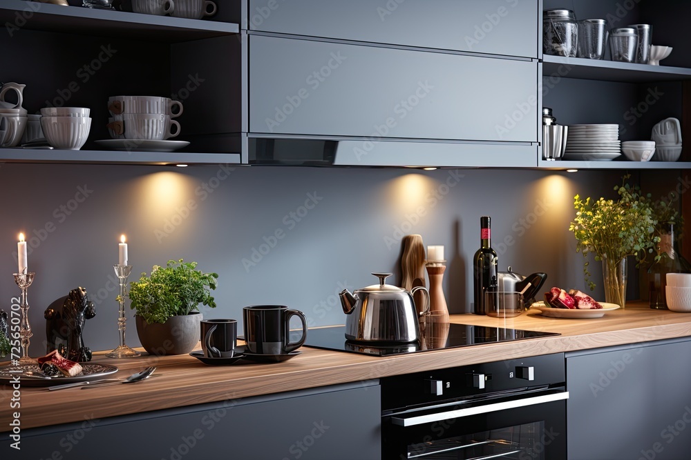 Cozy beautiful modern kitchen interior with furniture, Generative AI Cozy beautiful modern kitchen interior with furniture, Generative AI