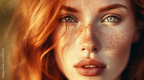 Generative AI : Close up view of attractive Caucasian woman with ginger hair