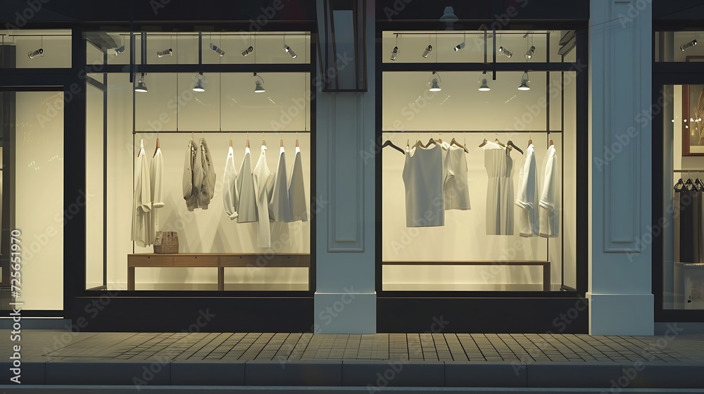 Generative AI : horizontal white empty signage on clothes shop front with glass windows - obrazy, fototapety, plakaty 