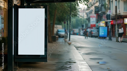 Generative AI : Blank white Mock up Media Advertisement at bus stop City street