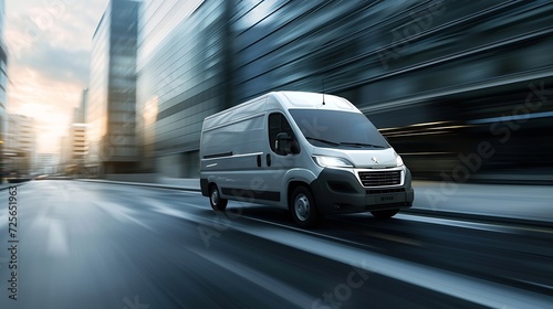 Generative AI : Peugeot Boxer truck van vehicle in motion on city road. Fast moving car on urban street