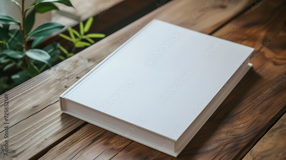 Fototapeta premium Generative AI : Blank book cover mockup, hardcover mock up of business literature on wood desk, office table. High quality photo