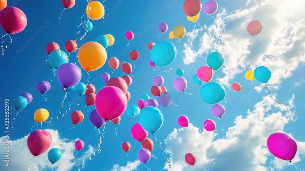 Illustration flying colourful balloons in blue sky raster