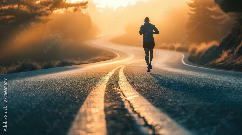 Image of a runner hurtling forward along the curve of the road. Cool light for the concept of aiming for future goals. Image of a runner hurtling forward along the curve of the road. Cool light for the concept of aiming for future goals.