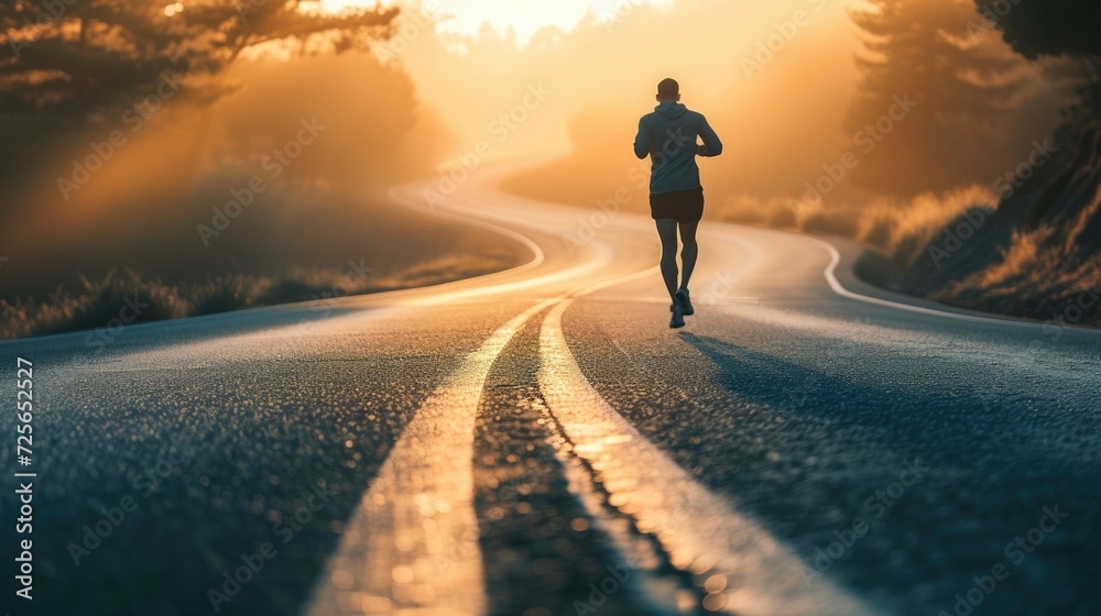 Image of a runner hurtling forward along the curve of the road. Cool light for the concept of aiming for future goals.