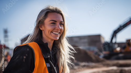 Female civil engineer stand in front of a construction site © Nick