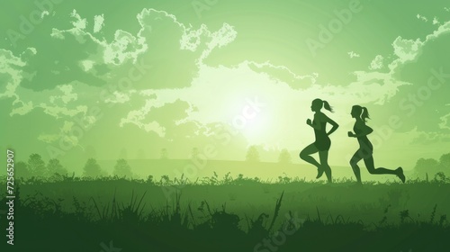 Female and male runners for good health Landscape background with green sky and clouds.