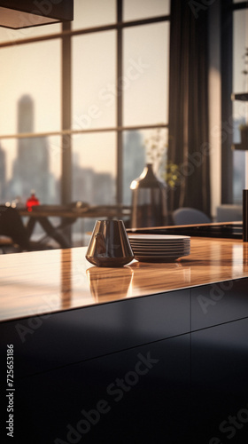 Dining room interior with panoramic city view. Rendering