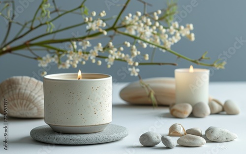 Decoration, hygge and aromatherapy concept - aroma reed diffuser, burning candle, branches of eucalyptus populus and perfume on table at home.