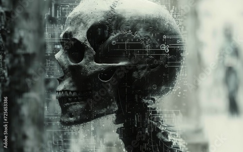 Portrait of scary grunge cyber human skull.