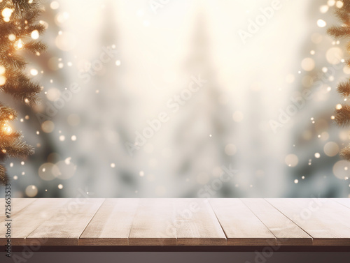 Empty woooden table top with abstract warm living room decor with christmas tree string light blur background with snow,Holiday backdrop,Mock up banner for display of advertise product photo