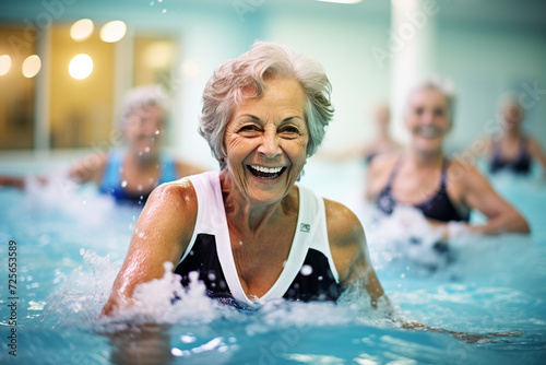 Active mature women enjoying aqua gym class in a pool, healthy retired lifestyle with seniors doing aqua fit sport © bahija